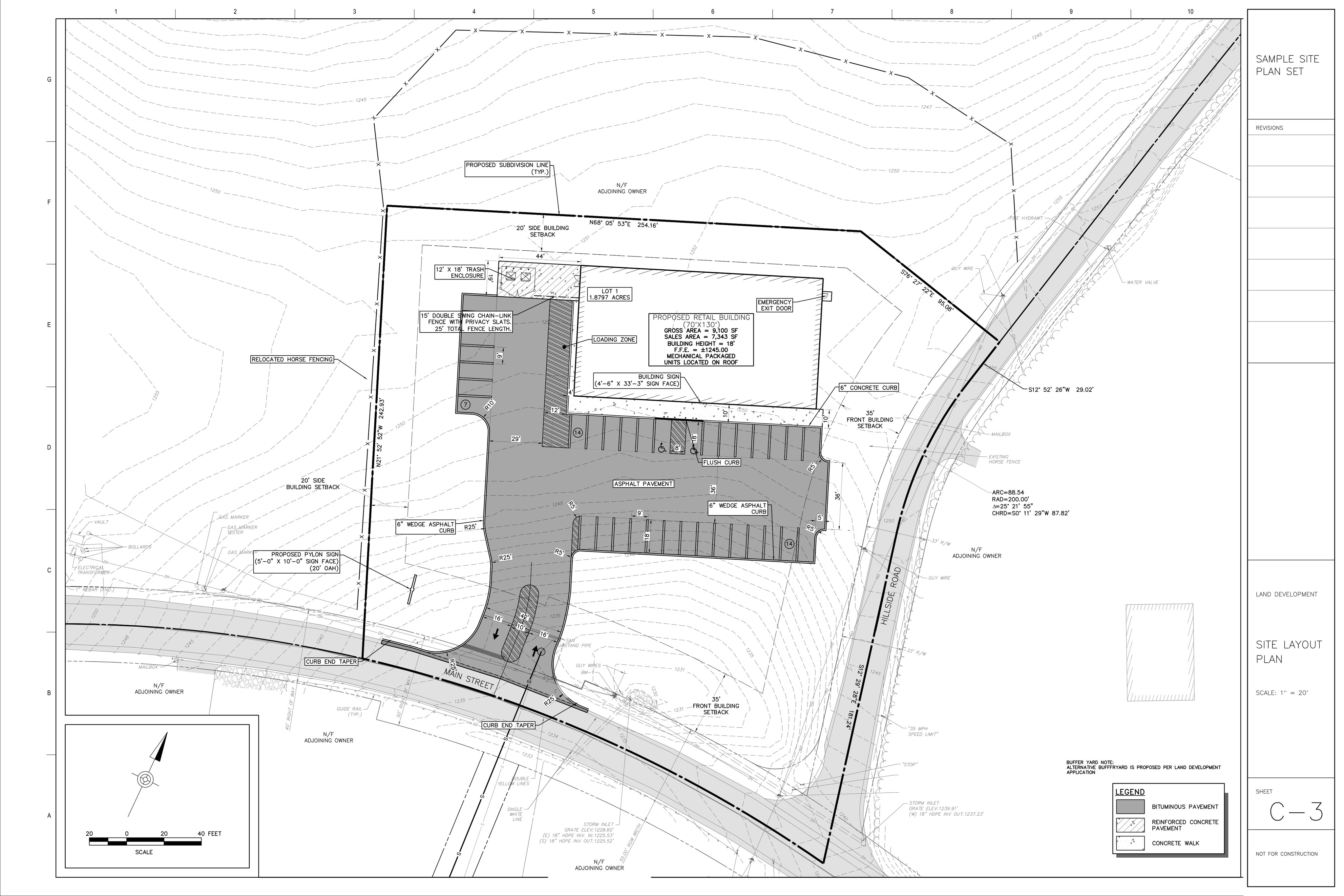Sheet C-3 at the north side yard, with the building face and the north lot line outlined and the 26.4 foot measurement between them